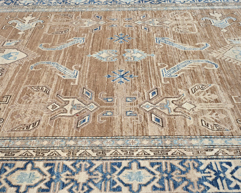6x9 Ft Kazak Brown Blue Afghan Hand Knotted Geometric Wool Area Rug